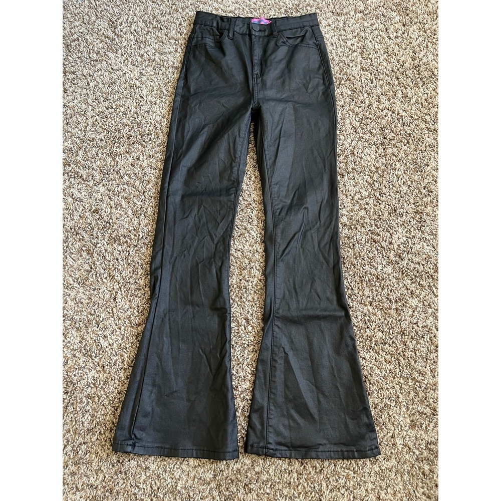 Edikted Womens Size S Black Coated Flare Pants High Rise Faux Leather Look Y2K